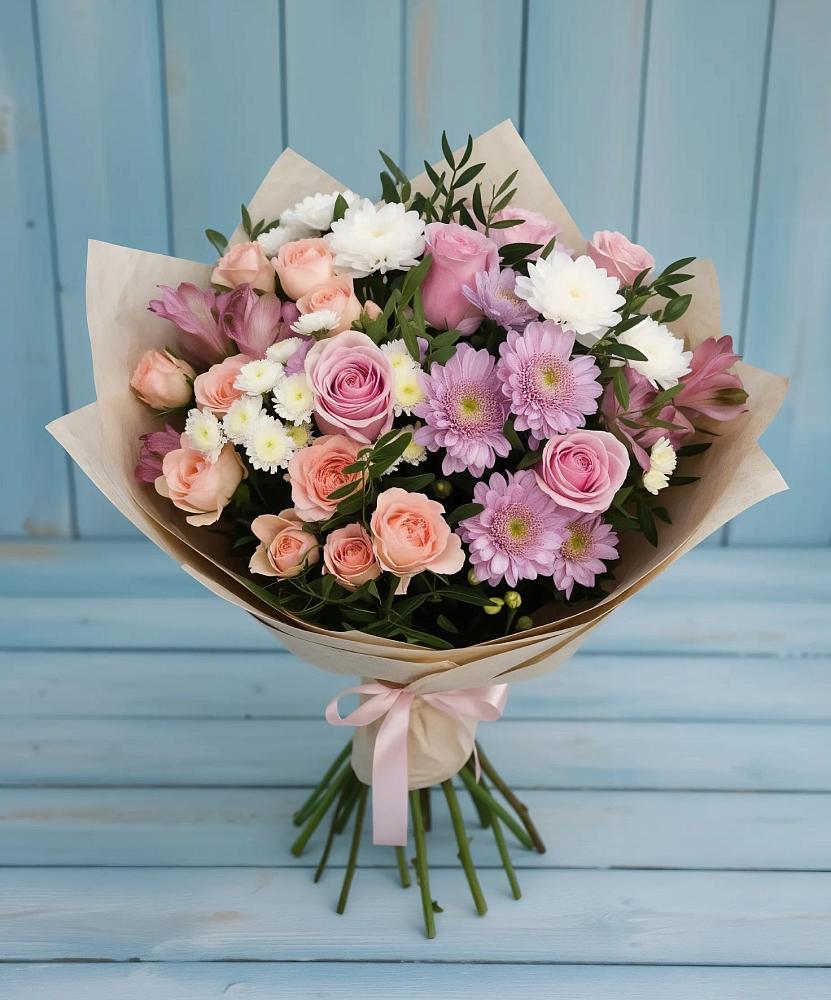 Букет цветов из: Хризантемы, Розы и Альстромерии в Зеленый Городок