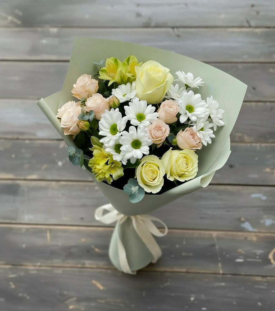 Букет цветов из: Альстромерии, Розы и Хризантемы в Зеленый Городок