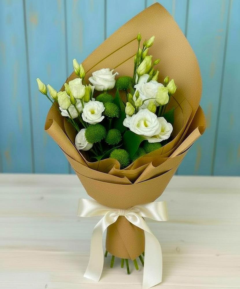 Букет цветов из: Хризантемы и Лизиантусы в Зеленый Городок