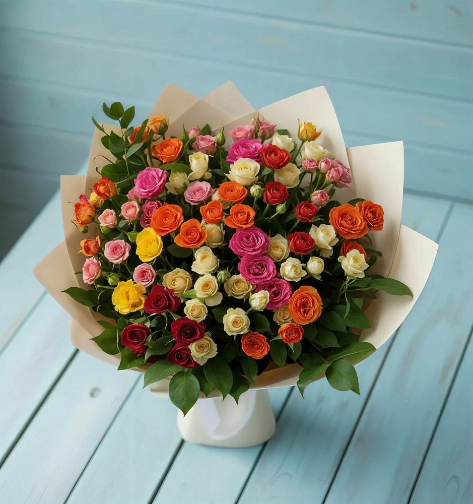 Букет Микс из разноцветных кустовых роз в Зеленый Городок