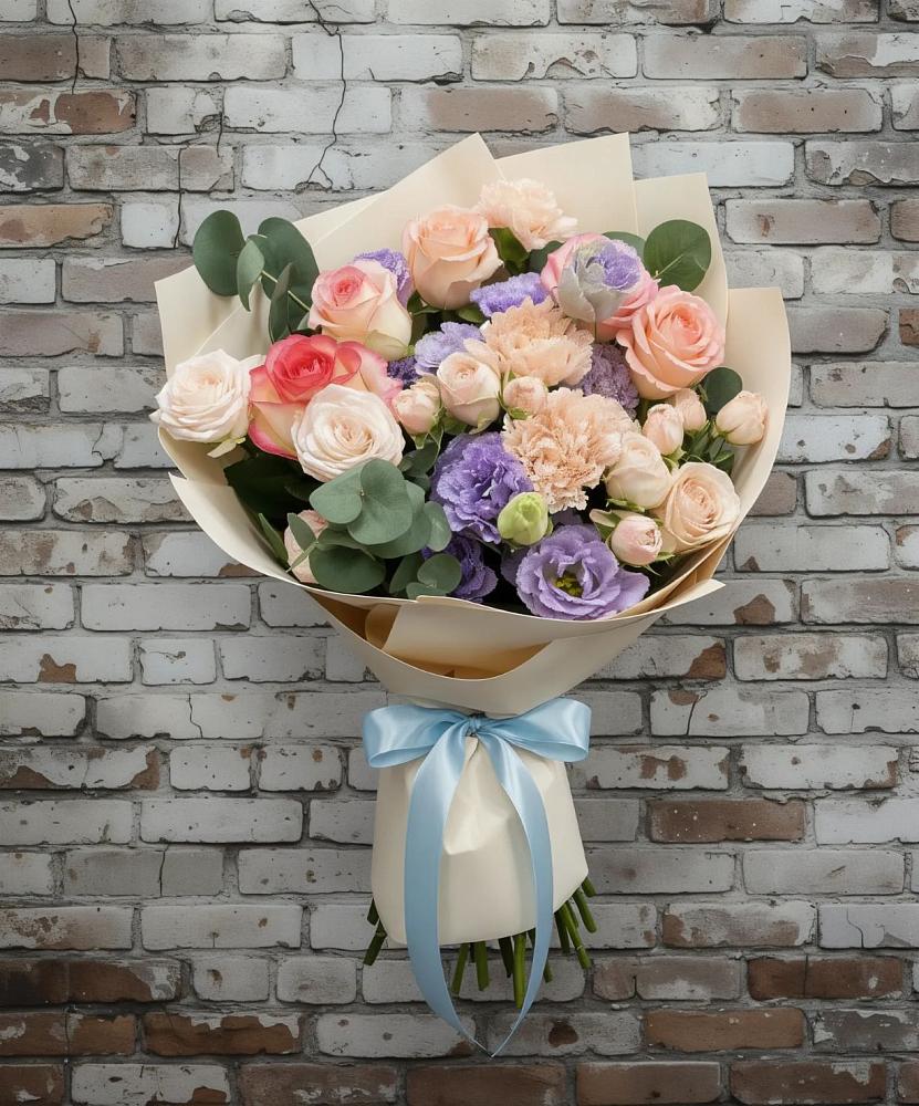 Букет цветов из: Розы, Лизиантусы и Гвоздики в Зеленый Городок